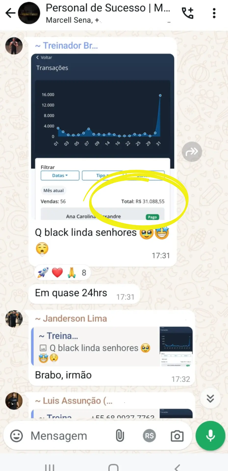 Print de painel de transações mostrando 56 vendas e total de R$ 31.088,55